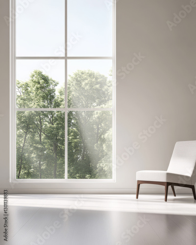 Sunlight streaming through a large window illuminating a minimalist room