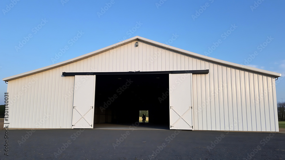 A large industrial warehouse with an open door, showcasing an empty interior space, ideal for storage, construction projects, or manufacturing purposes A large industrial warehouse with an open door, showcasing an empty interior space, ideal for storage, construction projects, or manufacturing purposes