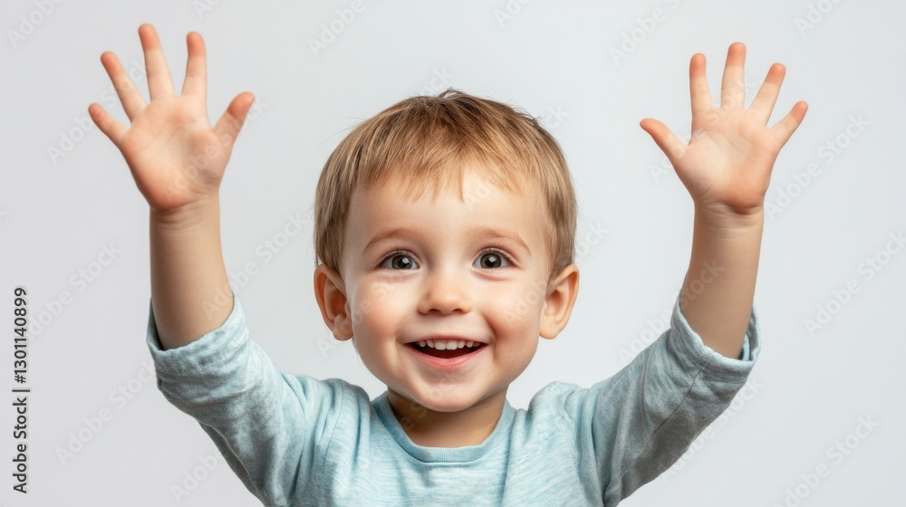 Cute little boy with raised hands up with happiness isolated over white background Cute little boy with raised hands up with happiness isolated over white background