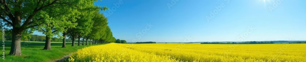 Tall trees and swaying canola stalks under a clear blue sky, countryside, foliage Tall trees and swaying canola stalks under a clear blue sky, countryside, foliage