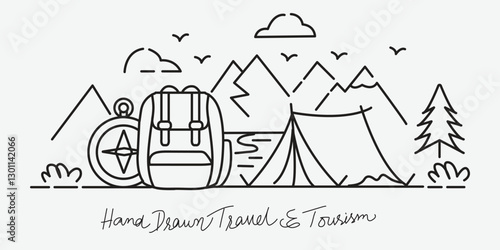 Hand Drawn Travel and Tourism Vector Illustration – Black and White Outdoor Adventure Line Art with Backpack, Compass, Tent, Mountains, and Trees