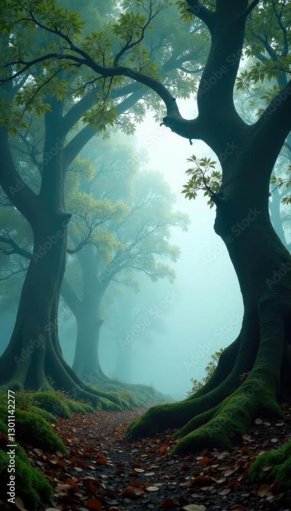 Fototapeta premium White fog wraps around the branches of ancient trees in a mystical forest, earthy scent, leaves, atmosphere