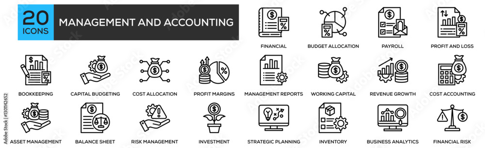 management and accounting icon set collection. Containing design Financial Ledger, Budget Allocation, Payroll Management, Profit and Loss Statement, Bookkeeping management and accounting icon set collection. Containing design Financial Ledger, Budget Allocation, Payroll Management, Profit and Loss Statement, Bookkeeping