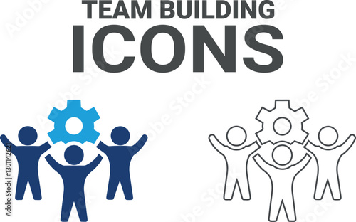 Team building icons. Containing production, logistics, supply chain, manufacturing, planning, inventory management, strategy, customer satisfaction and cost icons. Solid icon collection.