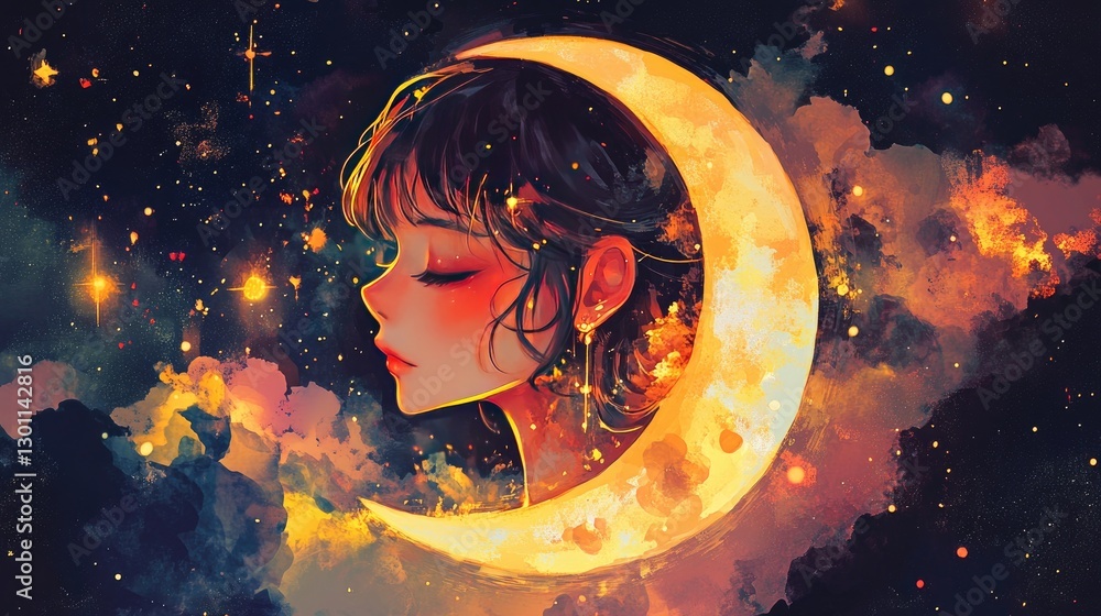 Dreamy Night Sky with Woman and Moonlit Cosmic Background Dreamy Night Sky with Woman and Moonlit Cosmic Background