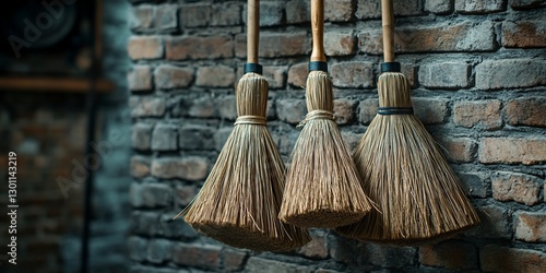 Wallpaper Mural Three brooms hang on a brick wall, rustic interior background. Cleaning equipment Torontodigital.ca