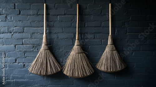 Wallpaper Mural Three brooms hanging on a dark brick wall Torontodigital.ca
