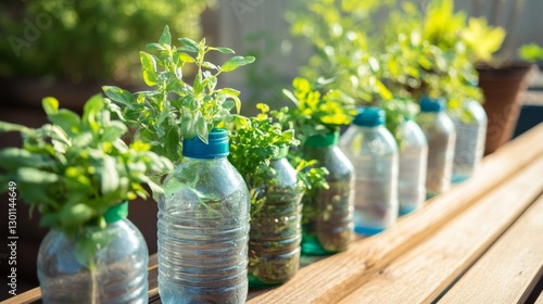 Fototapeta Naklejka Na Ścianę i Meble -  DIY home garden made from repurposed plastic bottles, growing fresh herbs and vegetables on a sunny balcony