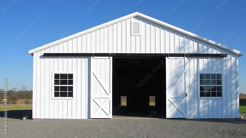 White barn exterior with large doors, open yard, rural farm setting, ideal for agricultural use, storage, and countryside landscape White barn exterior with large doors, open yard, rural farm setting, ideal for agricultural use, storage, and countryside landscape