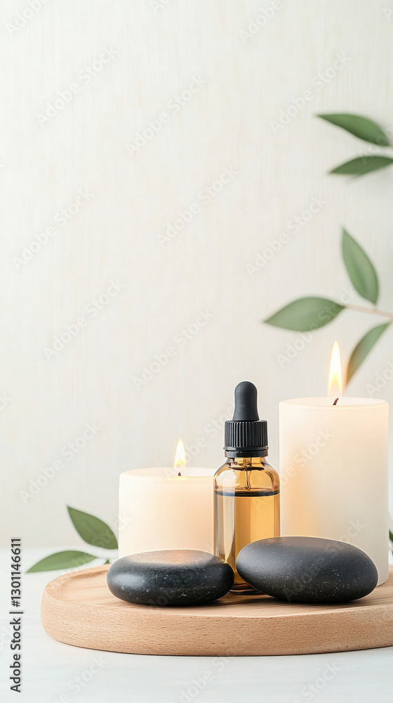 serene spa scene featuring candles, essential oil, and smooth stones serene spa scene featuring candles, essential oil, and smooth stones