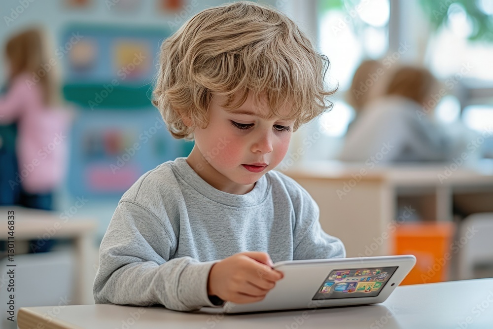 A young boy sits at a table in a classroom, looking intently at a tablet computer. He is wearing a grey sweater and has blonde hair. A young boy sits at a table in a classroom, looking intently at a tablet computer. He is wearing a grey sweater and has blonde hair.