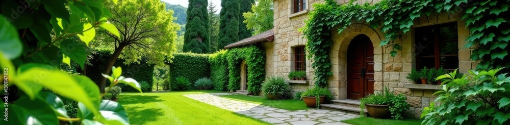 Ancient stone villa amidst lush greenery and vines, stone, rustic, vines