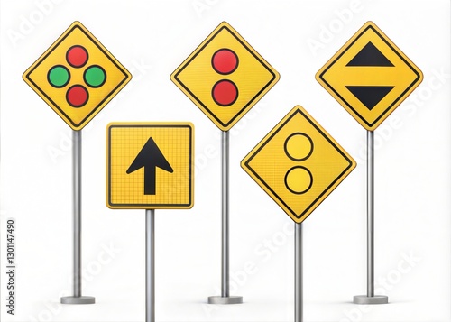 Collection of Realistic Yellow Traffic Signs with Different Symbols photo