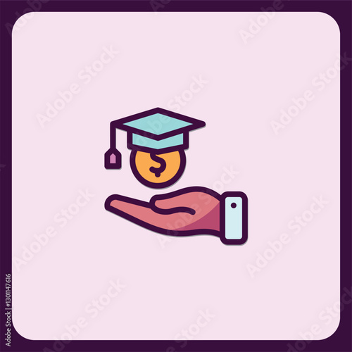 Education Funding Icon, Hand Receiving Graduation Cap and Coin