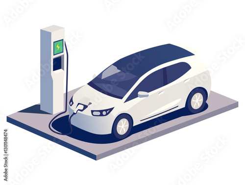 Isometric 3D illustration of a white electric car connected to a charging station with a blue roof and display screen on a simple platform