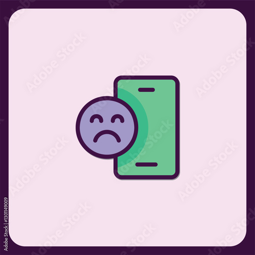 Sad Face Emoji Icon with Smartphone Displaying Negative Feedback