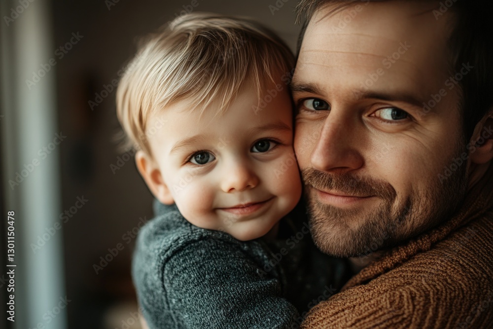 A father and his young son look at the camera with smiles, the father holding his son close. A father and his young son look at the camera with smiles, the father holding his son close.