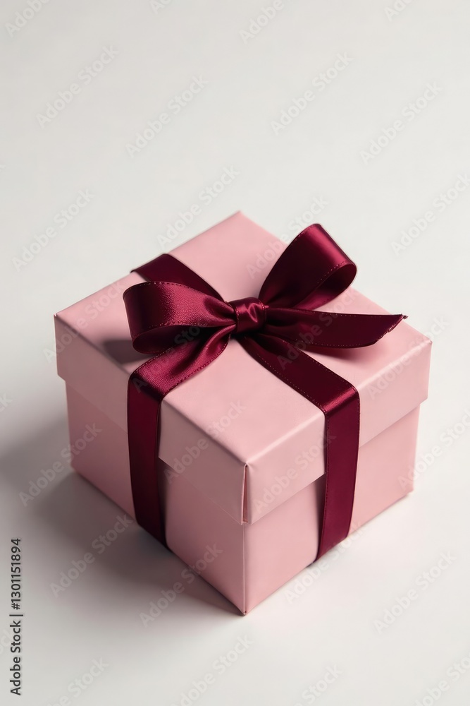 Obraz premium Gift box with burgundy ribbon on a white background, gift wrapping, packaged gift, decorative box