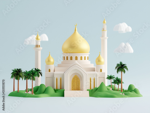 White gold 3d mosque with palm trees