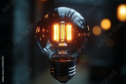 Glowing bulb in dark, blurred bokeh backdrop