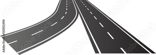 Roads in perspective. Bended pathway road curved city street to horizon. Journey asphalt highway isolated vector set 