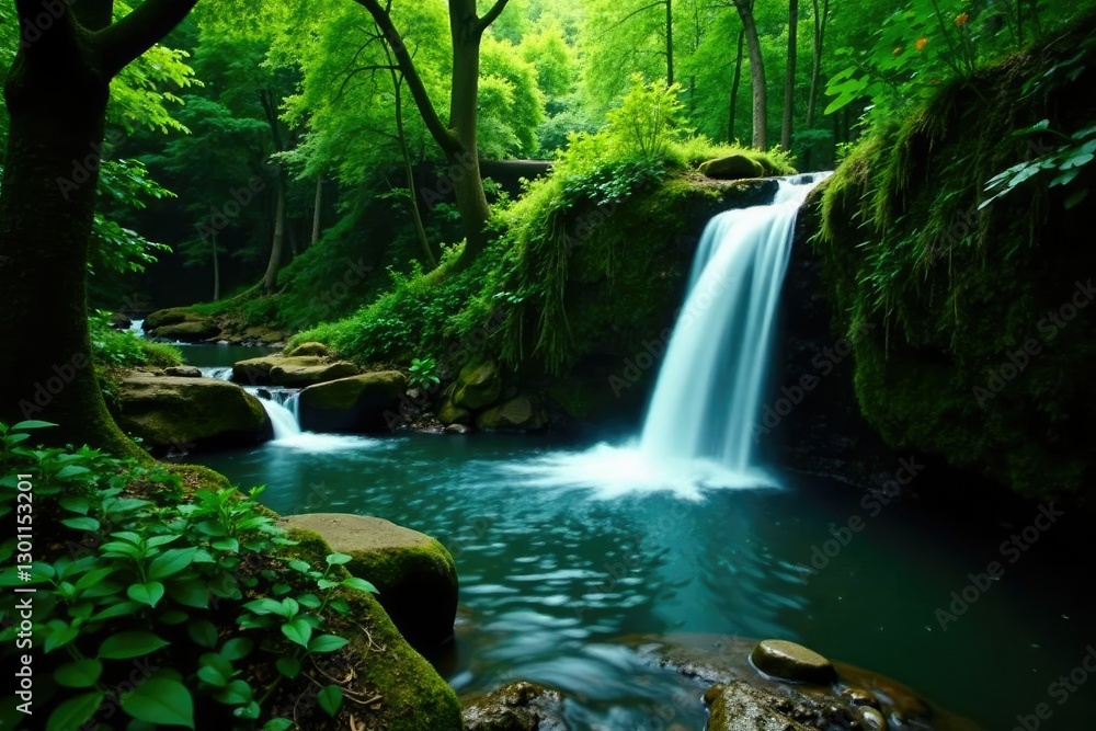 Lush greenery surrounds serene waterfall cascading into crystal clear stream, forest, nature Lush greenery surrounds serene waterfall cascading into crystal clear stream, forest, nature