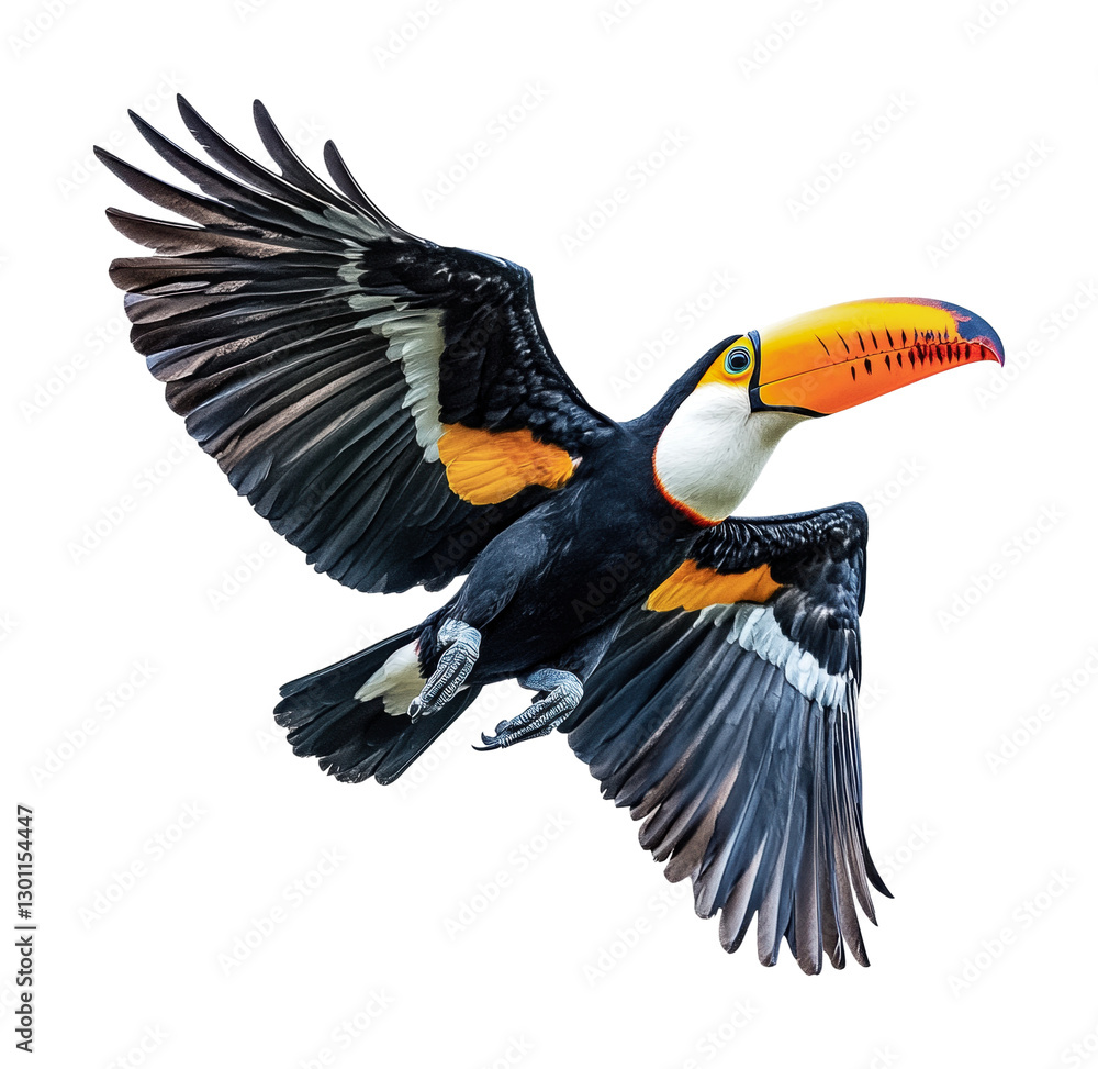 Fototapeta premium Colorful toucan in flight showcasing vibrant plumage and large beak above a lush rainforest canopy, cut out