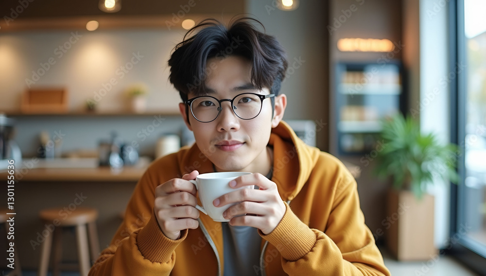 A man is sitting at a table with a cup of coffee in front of him. He is wearing glasses and has a smile on his face. The scene suggests a relaxed and comfortable atmosphere A man is sitting at a table with a cup of coffee in front of him. He is wearing glasses and has a smile on his face. The scene suggests a relaxed and comfortable atmosphere