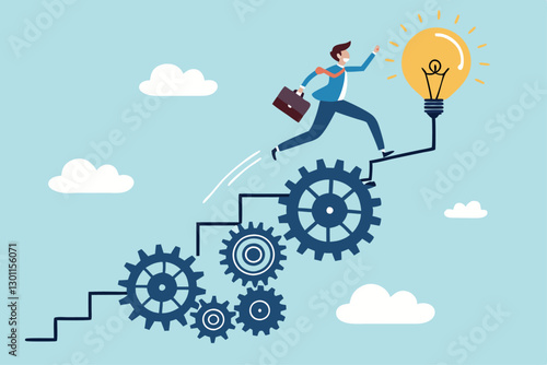 Best practices development, strategy to success or improvement, planning, progress or implementation process, efficiency or productivity concept, businessman running up stair on cogwheel gears system.
