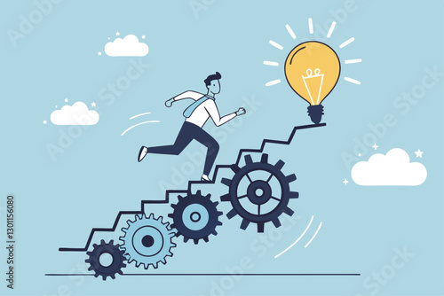 Best practices development, strategy to success or improvement, planning, progress or implementation process, efficiency or productivity concept, businessman running up stair on cogwheel gears system.