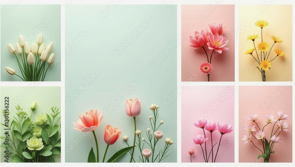 Obraz premium A collection of colorful flowers arranged in a grid. The flowers are of various colors and sizes, including pink, yellow, and white. Scene is cheerful and vibrant
