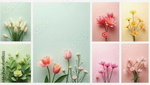 A collection of colorful flowers arranged in a grid. The flowers are of various colors and sizes, including pink, yellow, and white. Scene is cheerful and vibrant