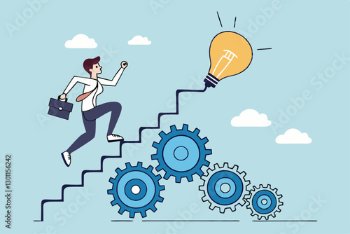Best practices development, strategy to success or improvement, planning, progress or implementation process, efficiency or productivity concept, businessman running up stair on cogwheel gears system.