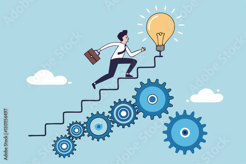 Best practices development, strategy to success or improvement, planning, progress or implementation process, efficiency or productivity concept, businessman running up stair on cogwheel gears system.