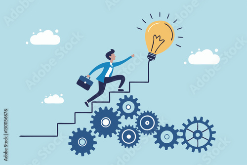 Best practices development, strategy to success or improvement, planning, progress or implementation process, efficiency or productivity concept, businessman running up stair on cogwheel gears system.