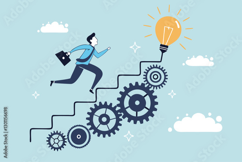 Best practices development, strategy to success or improvement, planning, progress or implementation process, efficiency or productivity concept, businessman running up stair on cogwheel gears system.