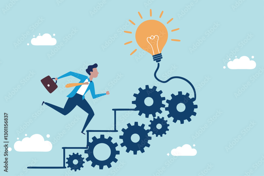Best practices development, strategy to success or improvement, planning, progress or implementation process, efficiency or productivity concept, businessman running up stair on cogwheel gears system. Best practices development, strategy to success or improvement, planning, progress or implementation process, efficiency or productivity concept, businessman running up stair on cogwheel gears system.
