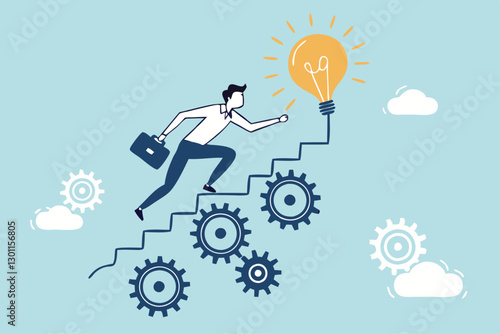 Best practices development, strategy to success or improvement, planning, progress or implementation process, efficiency or productivity concept, businessman running up stair on cogwheel gears system.