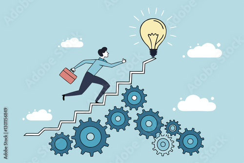Best practices development, strategy to success or improvement, planning, progress or implementation process, efficiency or productivity concept, businessman running up stair on cogwheel gears system.