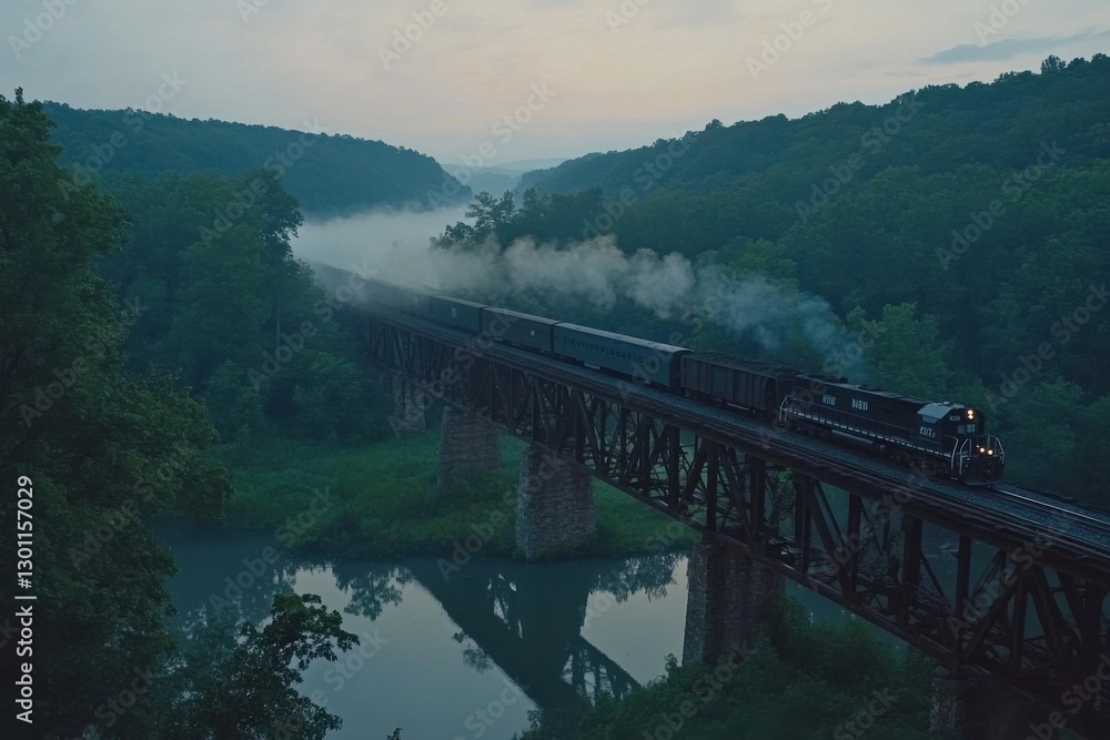 Fototapeta premium Atmospheric Drone Shot of a Train Crossing a Suspension Bridge in Foggy Conditions with Moody Lighting and Dramatic Scenery
