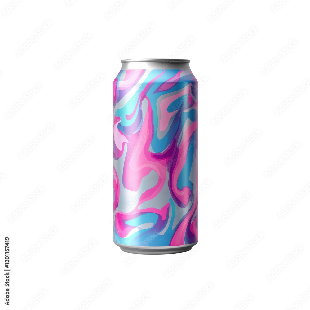 Fototapeta premium This beverage can features an eye-catching design with swirling pink and blue patterns on a metallic surface, ideal for grabbing attention