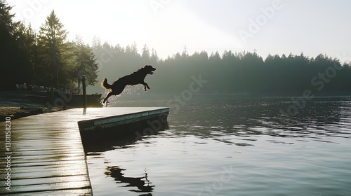 Energetic dog jumping off a wooden dock and splashing into a tranquil lake surrounded by a forested coastline with contemporary cinematic lighting creating a dynamic adventurous scene