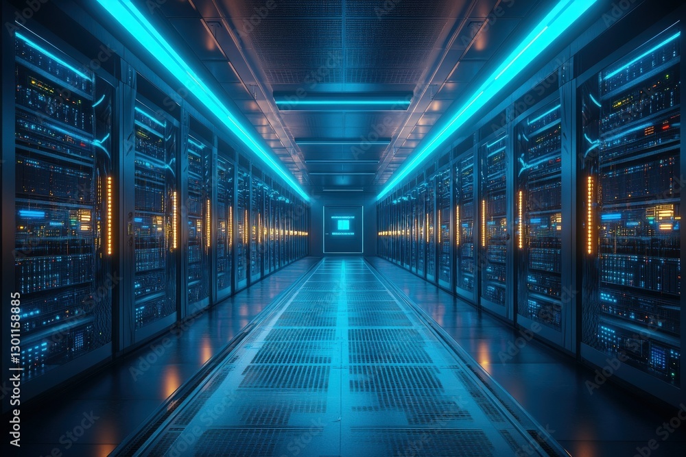A long, narrow hallway lined with rows of server racks, illuminated by blue and orange neon lights. A long, narrow hallway lined with rows of server racks, illuminated by blue and orange neon lights.
