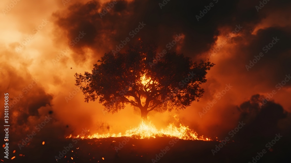 Fototapeta premium Lone Solitary Tree Engulfed in Dramatic Cinematic Flames with Billowing Smoke Rising Against a Moody Atmospheric Background