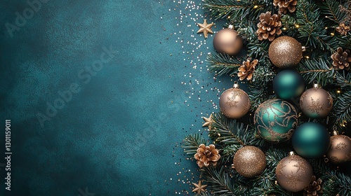 A Christmas tree adorned with gold and green baubles, stars, and confetti sparkles against a pastel violet background with copyspace.