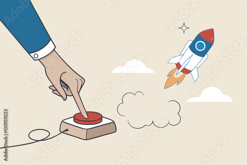 Launch startup rocket, start new business, boost rocket speed to success, begin entrepreneur company takeoff, fast growth corporate concept, businessman hand push start to launch startup rocket.