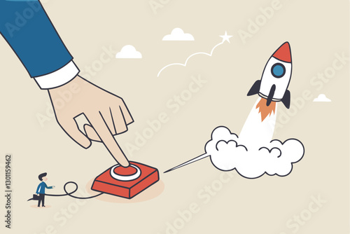 Launch startup rocket, start new business, boost rocket speed to success, begin entrepreneur company takeoff, fast growth corporate concept, businessman hand push start to launch startup rocket.