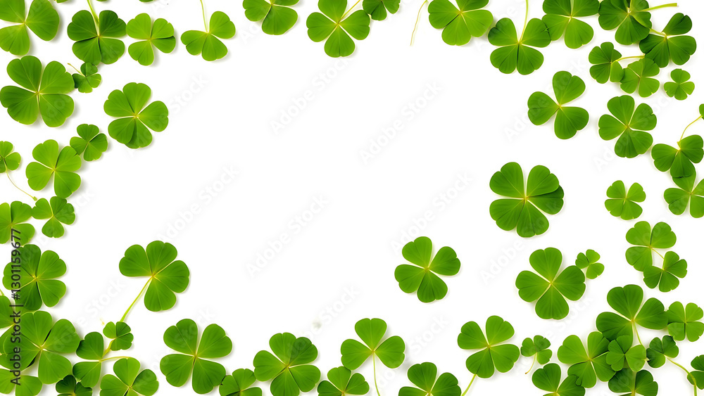 A border of green clovers scattered around a white background, representing luck, nature, and a cheerful, minimalist design for St. Patrick’s Day A border of green clovers scattered around a white background, representing luck, nature, and a cheerful, minimalist design for St. Patrick’s Day