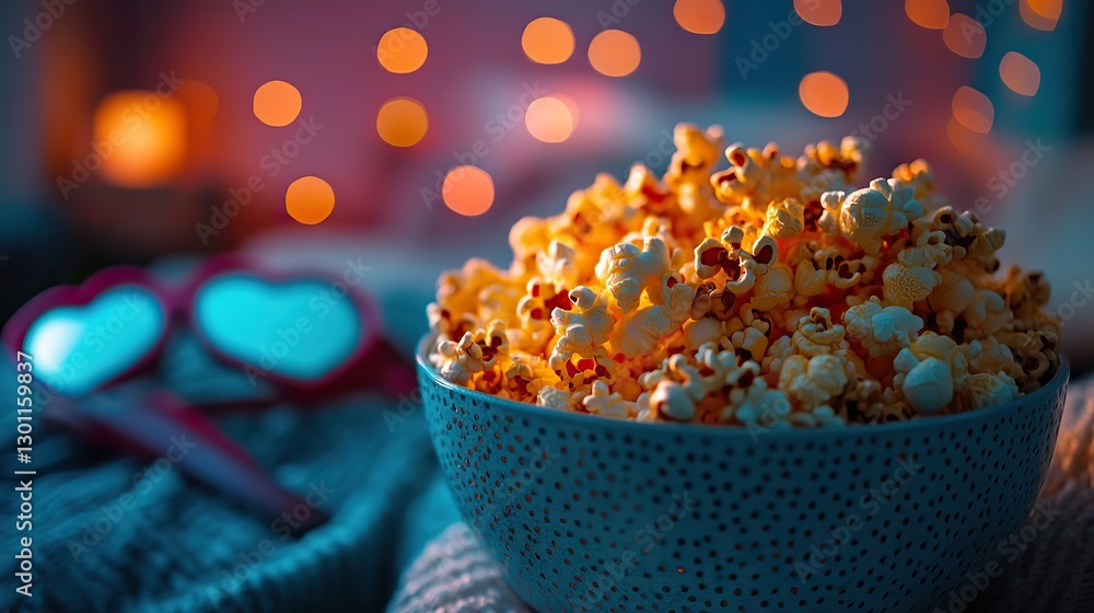 A clapper, 3D glasses, popcorn, and heart shaped decor create a romantic Valentine's Day film night. A clapper, 3D glasses, popcorn, and heart shaped decor create a romantic Valentine's Day film night.