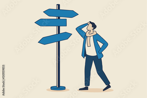 Business decision making, career path, work direction or choose the right way to success concept, confusing businessman looking at multiple road sign with question mark and thinking which way to go.